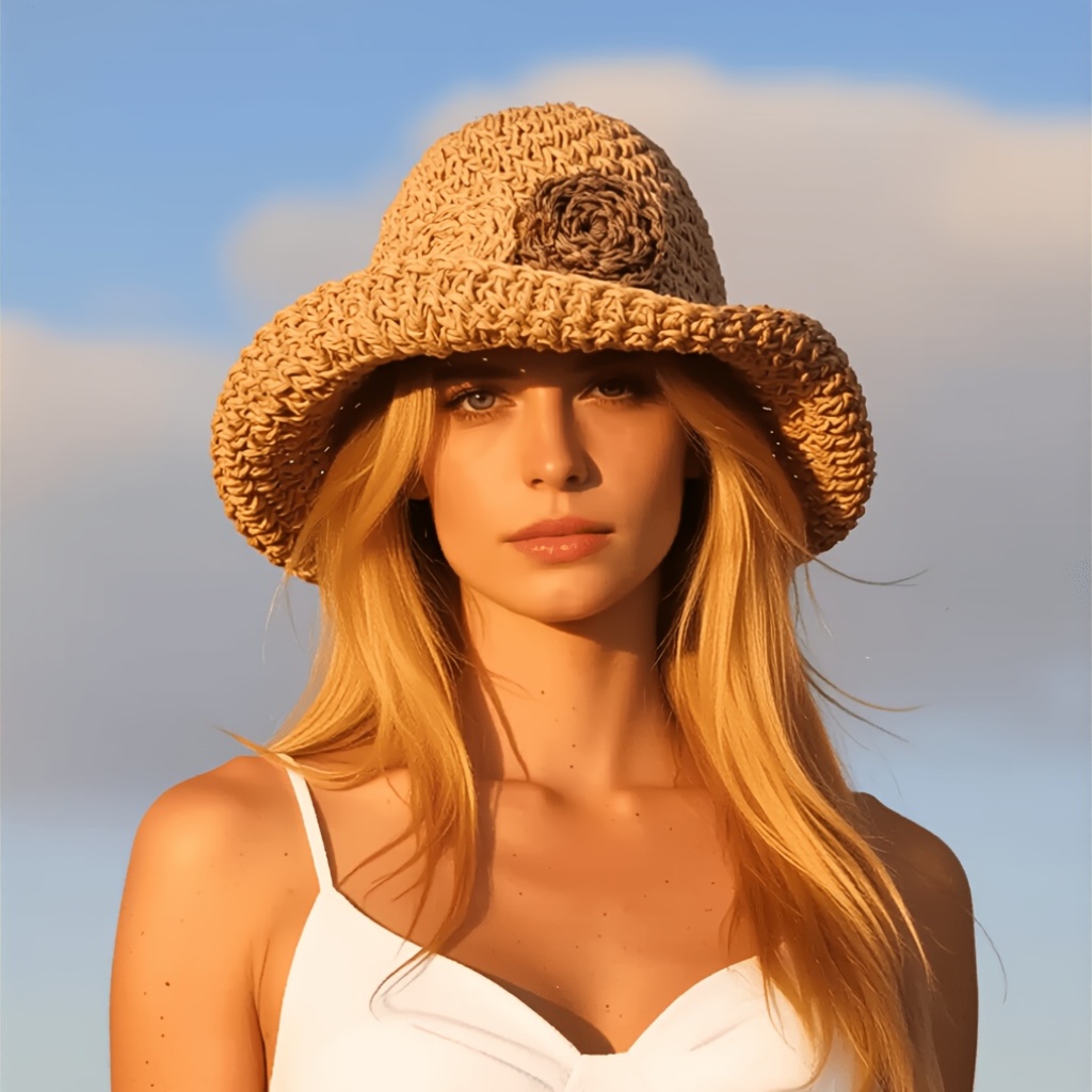 Bucket Hat Straw - ボヘミアンフローラル柄 レディース ワイドブリム ビーチストローハット 手編み 日よけ