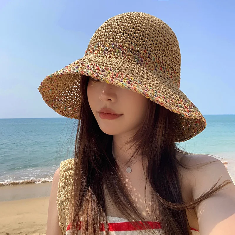 Bucket Hat Straw - 女性のための麦わら帽子、太陽の帽子、顔の小さなバケットの帽子、大きなつばの日よけと日焼け止め、海辺のビーチキャップ、夏