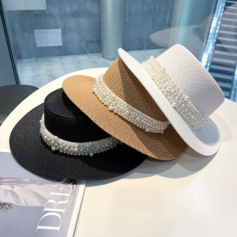 新作、つばが平らな麦わら帽子。パール装飾が施され、カジュアル - Bucket Hat Straw のレビューと価格