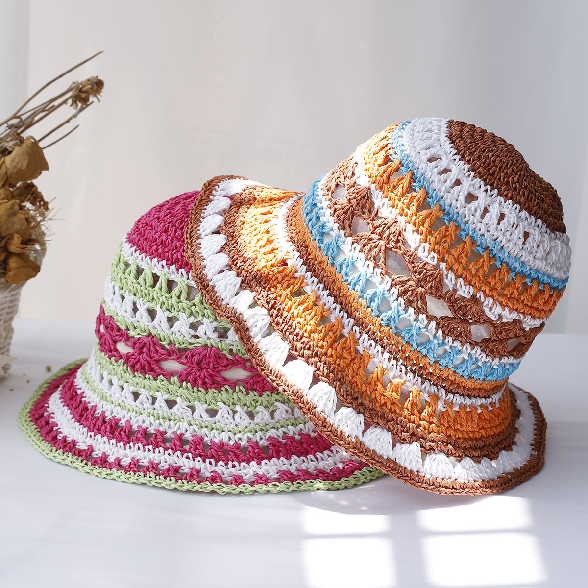 手作りの色とりどりの折りたたみ式バケットハット,ビーチ,旅行 - Bucket Hat Straw のレビューと価格